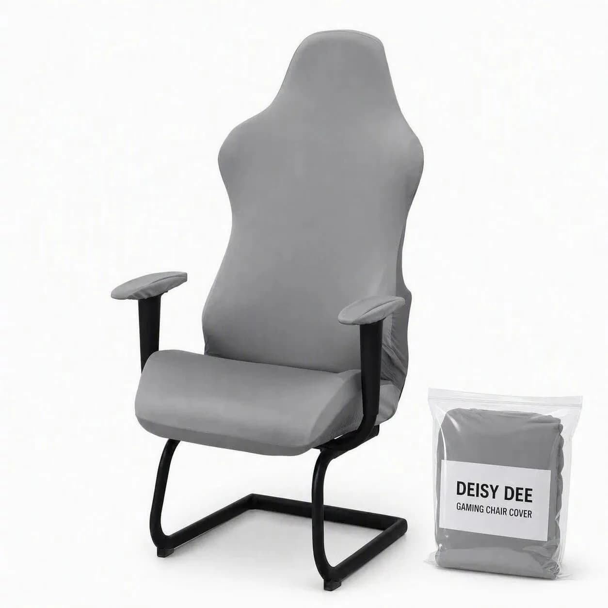 Deisy Dee 4-Piece Stretch Gaming Chair Cover Set with Armrest Covers, Universal Black Polyester Spandex Jacquard Knit | Fits Most Racing & Office Chairs — Grey