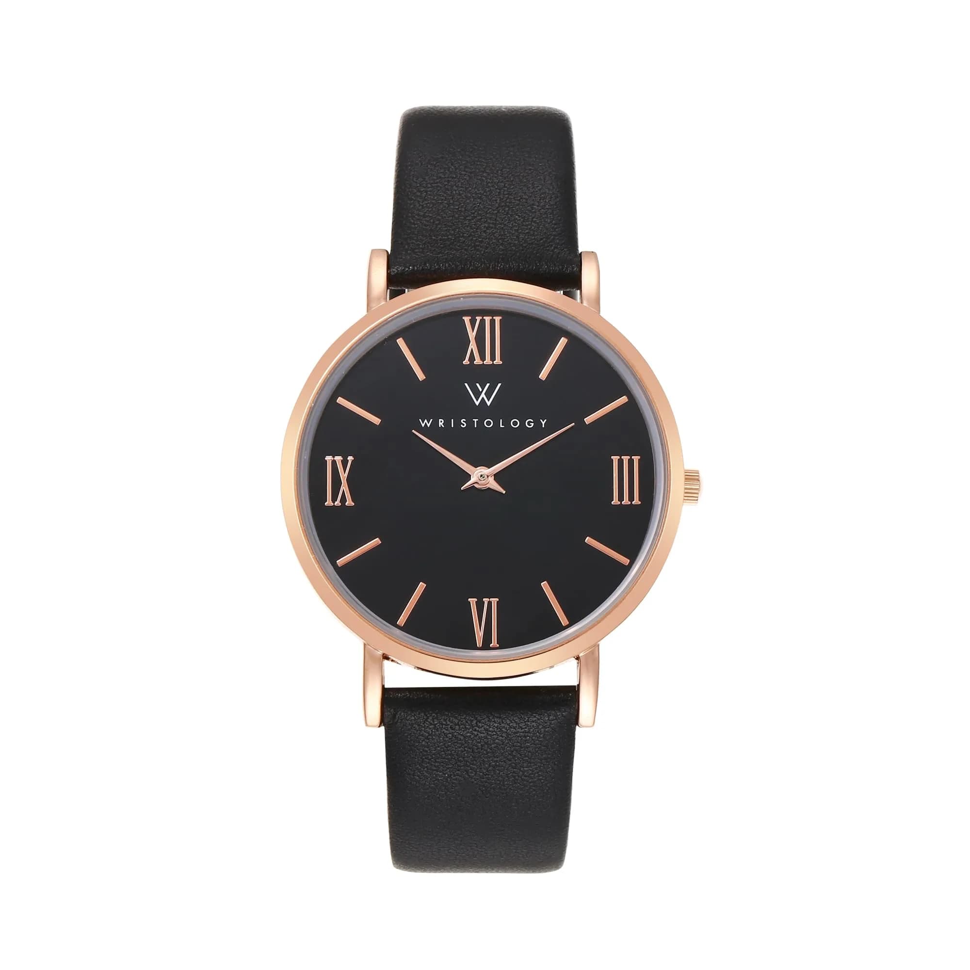 WRISTOLOGY Large face Roman Numerals Womens Watch with Easy Change Band | Clear Analog Face, 38mm, Gold — Black / Black