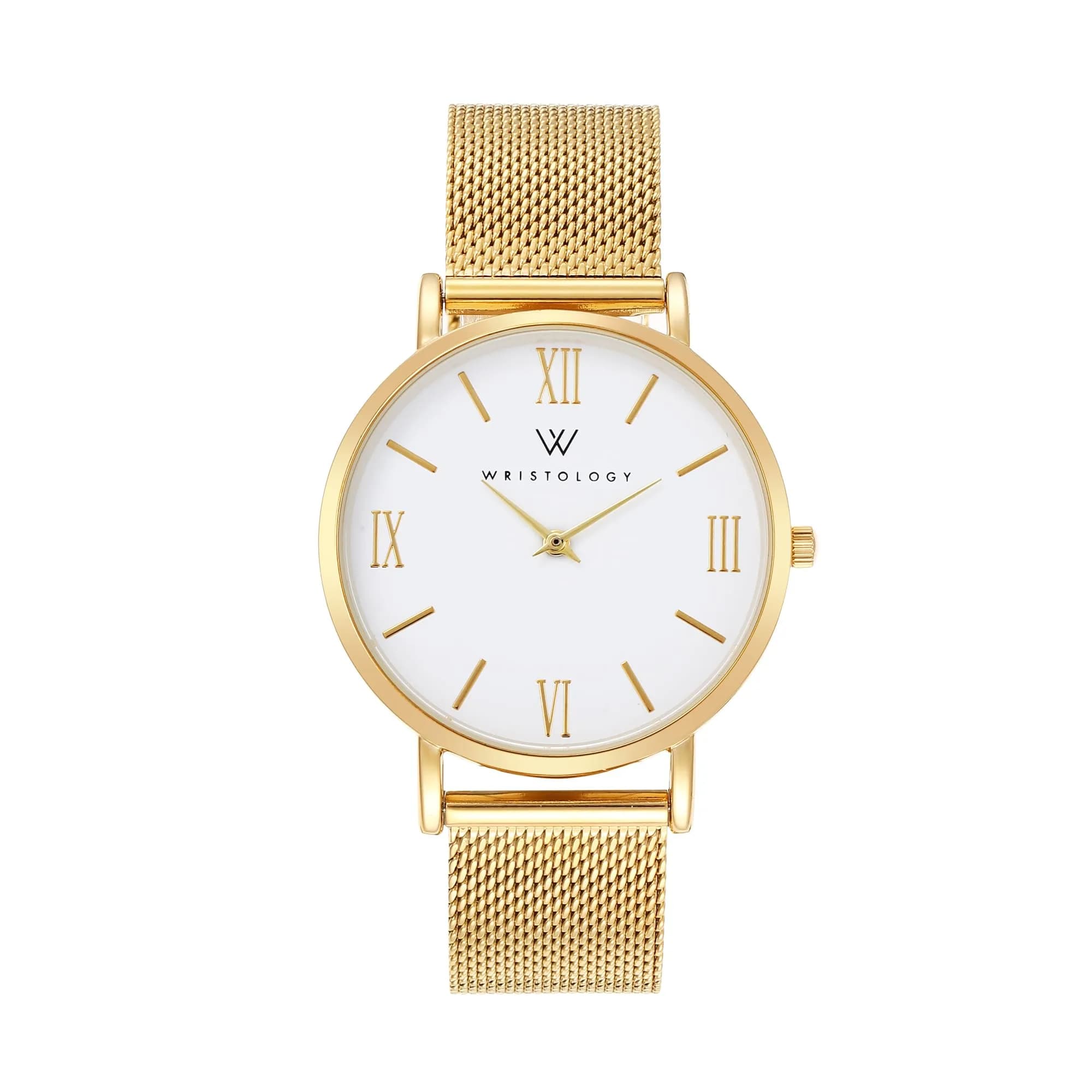 WRISTOLOGY Large face Roman Numerals Womens Watch with Easy Change Band | Clear Analog Face, 38mm, Gold — Gold Metal Mesh