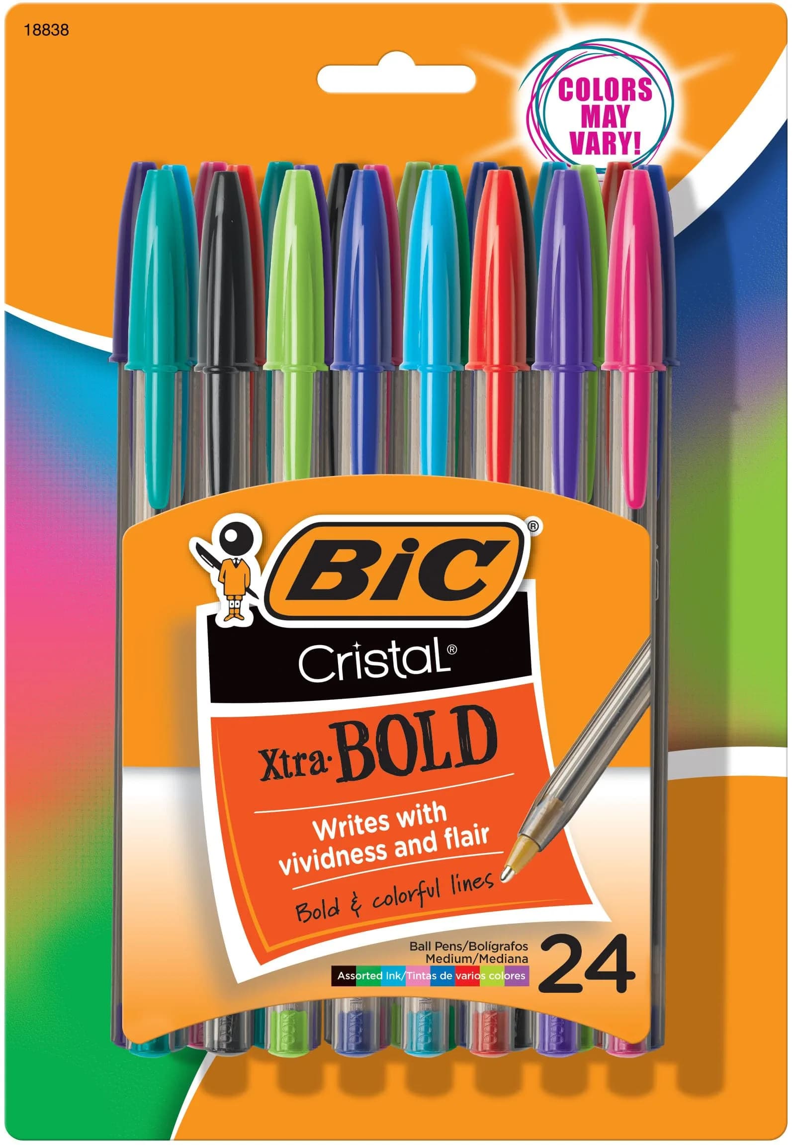 BIC Cristal Xtra Bold Ballpoint Pens, 1.6 mm, Assorted Colors, 24-Count Pack | Smooth Ink Flow for Color-Coded Notes — Vivid Assorted Ink