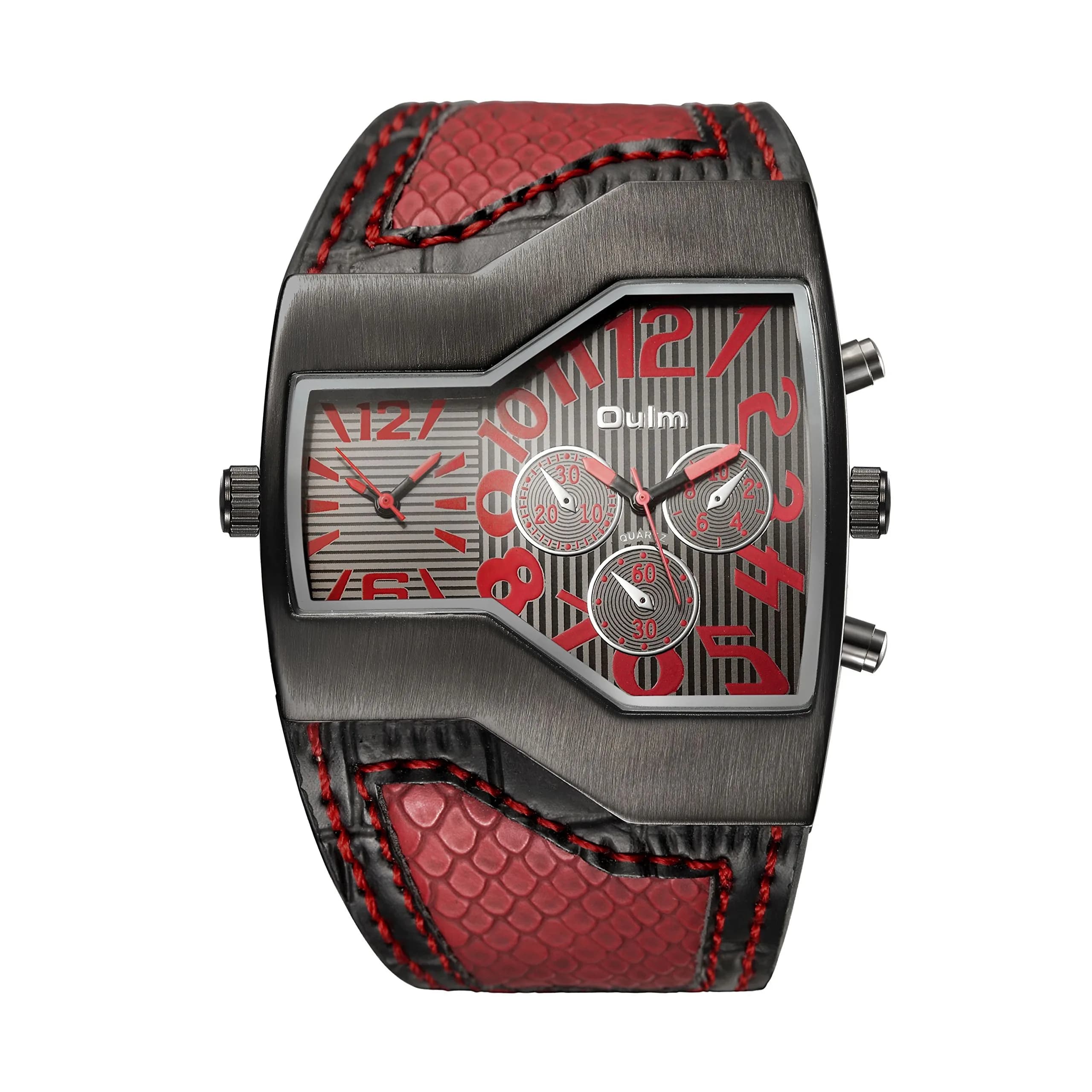 ShoppeWatch Dual Time Analog Quartz Watch 54mm (2.13 inch) | White Leather Band — Red
