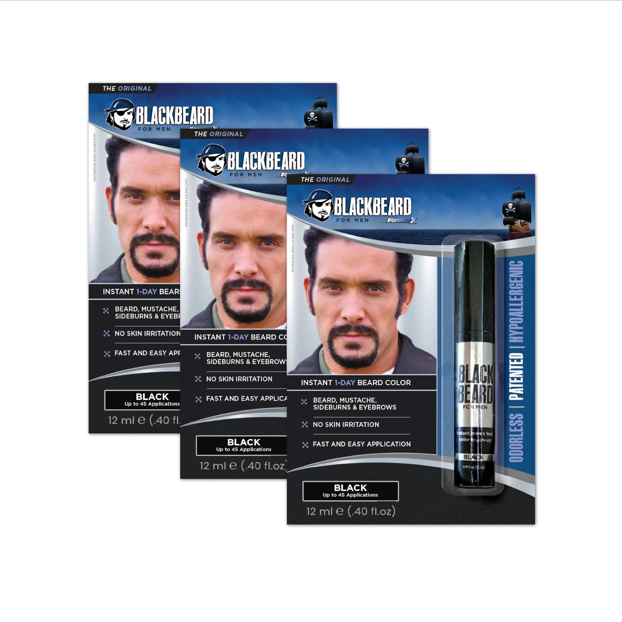 Blackbeard for Men Instant Beard Color, Black, 3 Pack | Waterproof, Hypoallergenic, Lasts All Day
