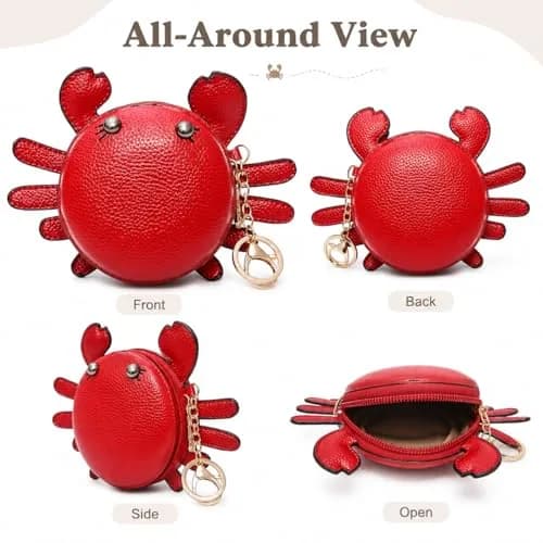 QZUnique Crab Coin Purse Keychain Bag - Red 9.5cm (3.74"L x 1.96"W x 3.74"H) | Cute Animal Shaped Zippered Pouch thumbnail 5