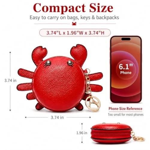 QZUnique Crab Coin Purse Keychain Bag - Red 9.5cm (3.74"L x 1.96"W x 3.74"H) | Cute Animal Shaped Zippered Pouch thumbnail 2