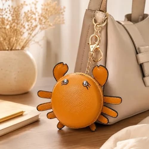 QZUnique Crab Coin Purse Keychain Bag - Yellow 9.5cm (3.74"L x 1.96"W x 3.74"H) | Cute Leather Wallet Key Bag for Women Kids thumbnail 6