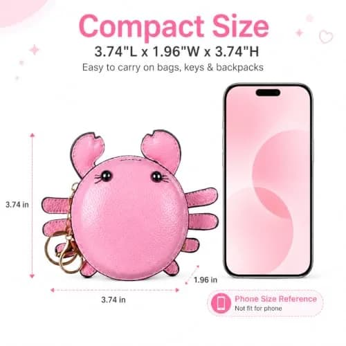 QZUnique Crab Coin Purse Keychain Bag - Pink 7.4cm (2.9in) | Cute 3D Animal Shaped Change Pouch with Zipper thumbnail 2