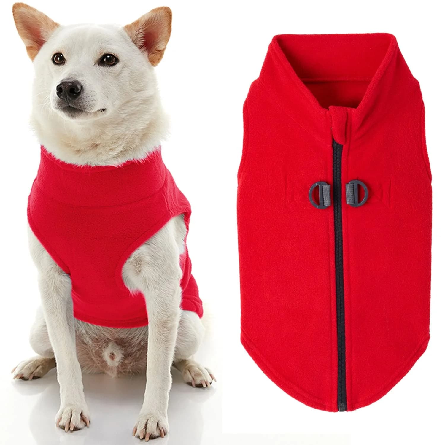 Gooby Zip-Up Fleece Dog Sweater, Turquoise, X-Small (28 cm Chest) — Red / X-Large chest (~22.5")