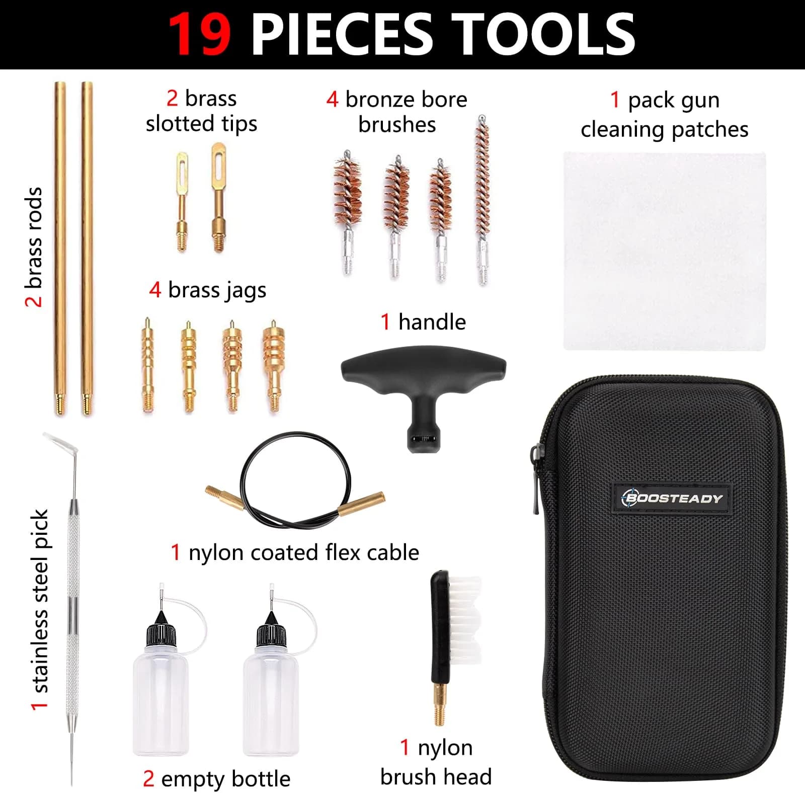 BOOSTEADY Universal Handgun Cleaning Kit .22-.45 Caliber | 16-Piece Brass & Steel Tool Set — Brass Jag+Tip thumbnail 2
