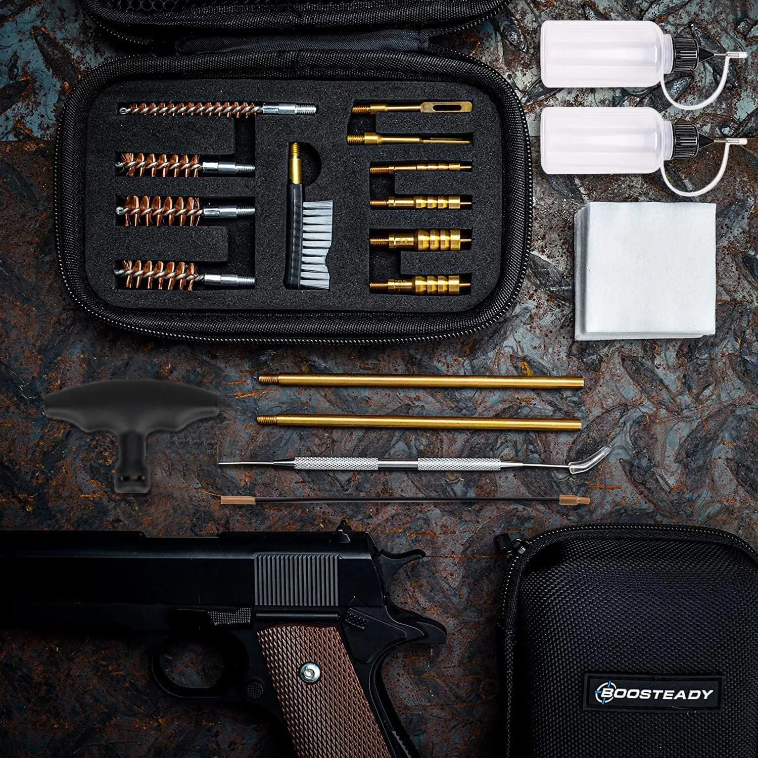 BOOSTEADY Universal Handgun Cleaning Kit .22-.45 Caliber | 16-Piece Brass & Steel Tool Set — Brass Jag+Tip thumbnail 3