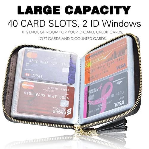 Easyoulife Womens Genuine Leather RFID Blocking Card Holder Wallet with Zipper, 40 Card Slots & 2 ID Windows | Black thumbnail 3
