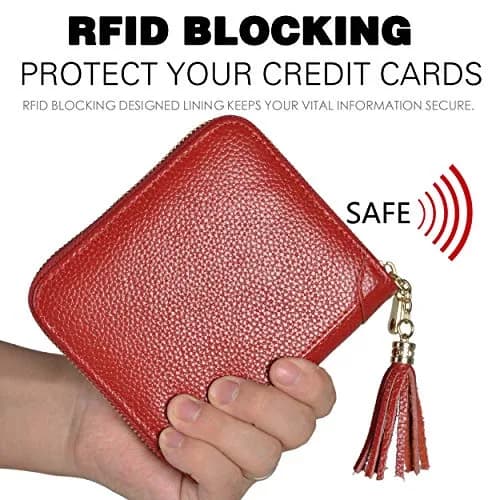 Easyoulife Womens Genuine Leather RFID Blocking Card Holder Wallet with Zipper, 40 Card Slots & 2 ID Windows | Red thumbnail 4