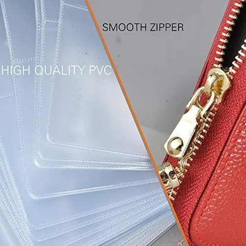 Easyoulife Womens Genuine Leather RFID Blocking Card Holder Wallet with Zipper, 40 Card Slots & 2 ID Windows | Red thumbnail 7