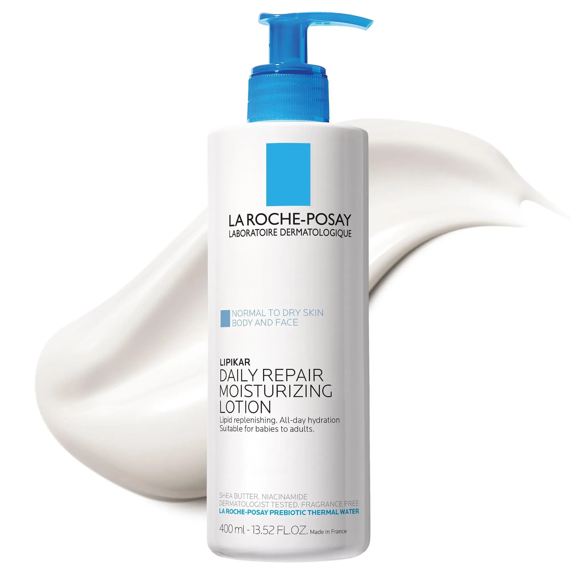 La Roche-Posay Lipikar Moisturizing Body Lotion for Dry Skin 400ml (13.5 Fl Oz) | Daily Hydration Accepted by National Eczema Association — White