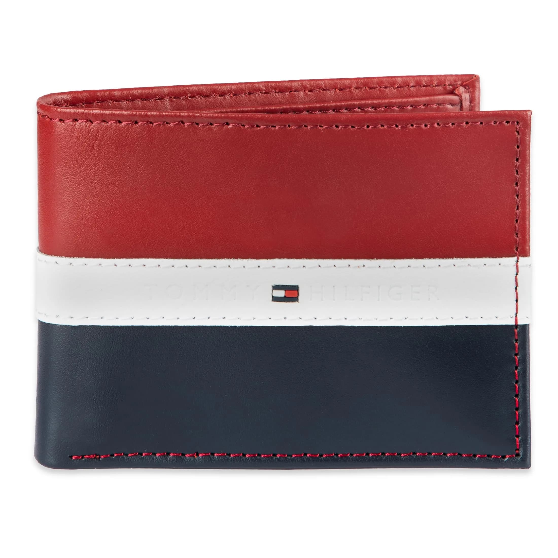 Tommy Hilfiger Men's Leather Bifold Wallet with Removable ID Window, Red/Navy (13.5 cm x 10.9 cm) | RFID Blocking Classic Passcase