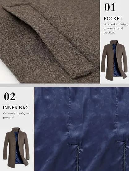 Lavnis Men's Wool Blend Trench Coat Slim Fit Overcoat Khaki 1.11 kg (2.45 lb) | Classic Winter Style for India thumbnail 5