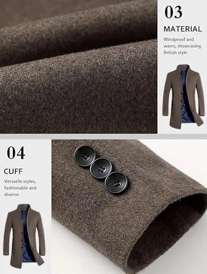 Lavnis Men's Wool Blend Trench Coat Slim Fit Overcoat Khaki 1.11 kg (2.45 lb) | Classic Winter Style for India thumbnail 6