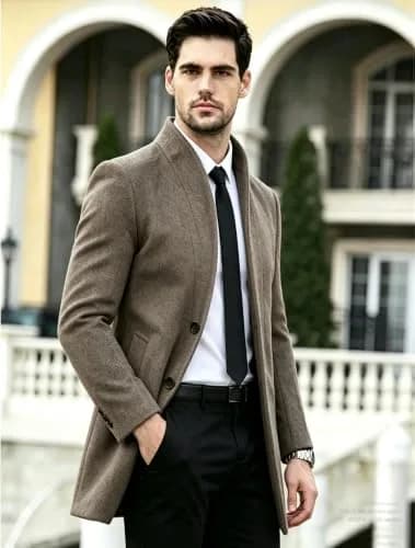 Lavnis Men's Wool Blend Trench Coat Slim Fit Overcoat Khaki 1.11 kg (2.45 lb) | Classic Winter Style for India thumbnail 2