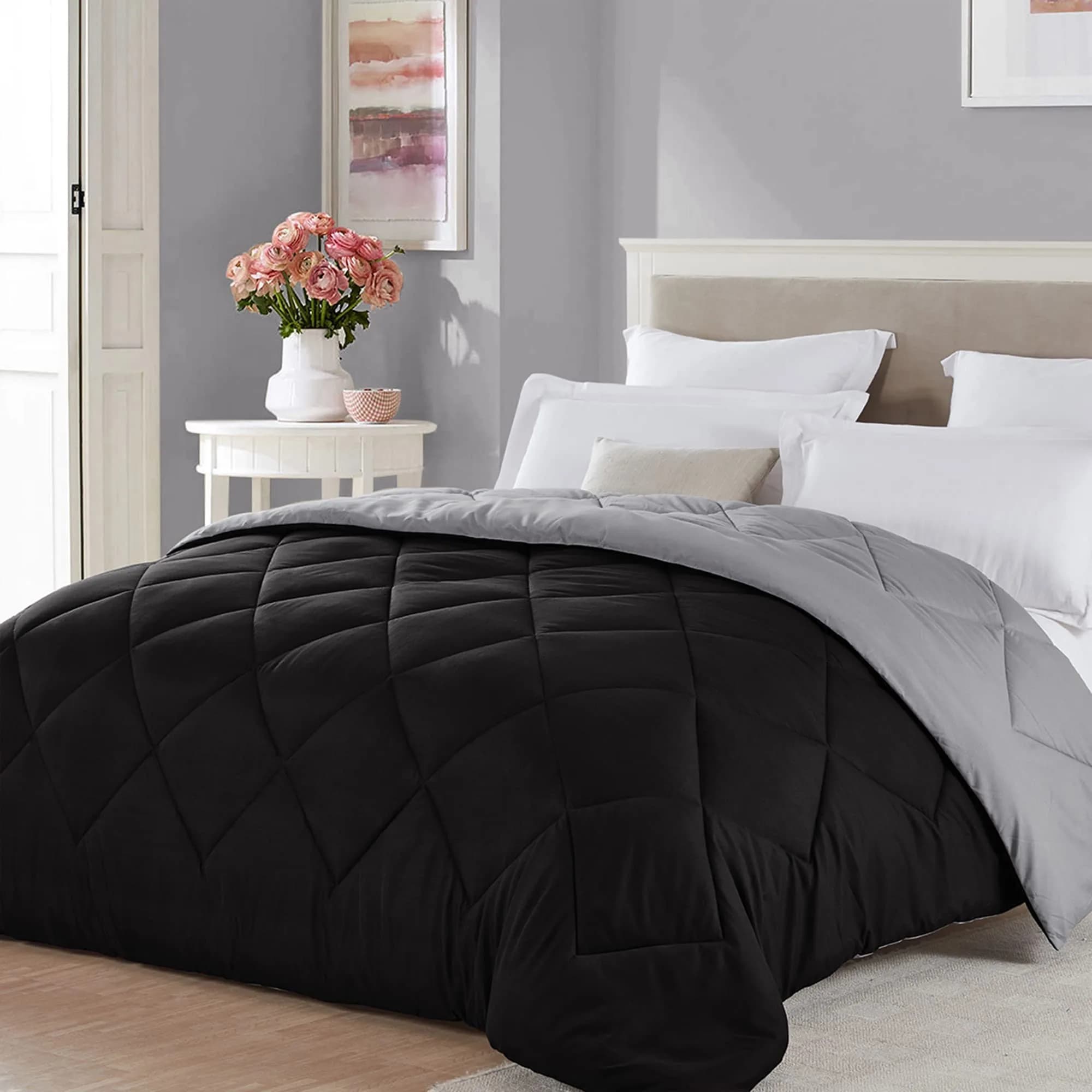 Seward Park Full Queen Size Reversible Comforter Black Grey | All Season Bedding - main product image