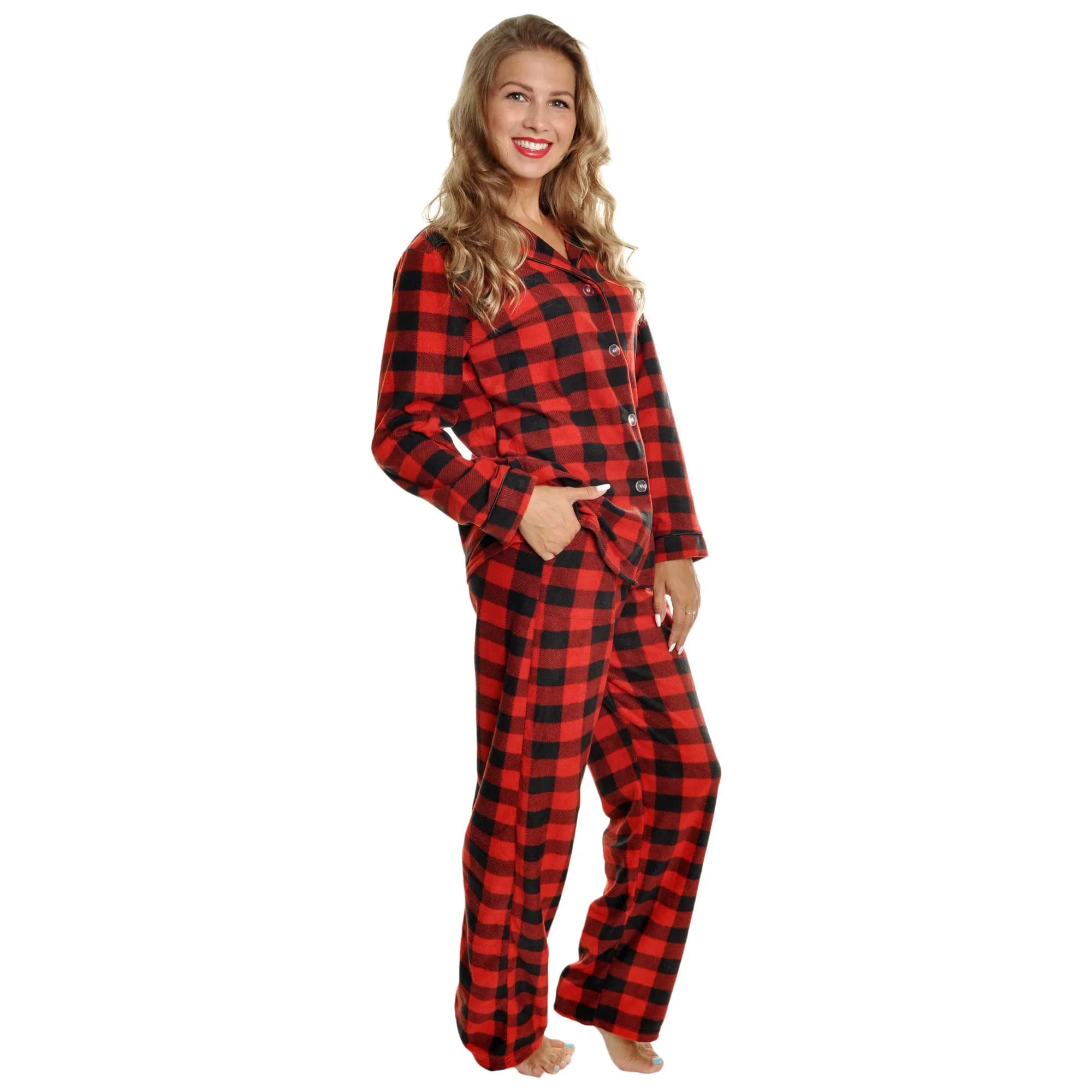 Angelina Women's Pajama Set Cozy Fleece with Notch Collar and Pockets | PJ56_L | Black & Red Plaid