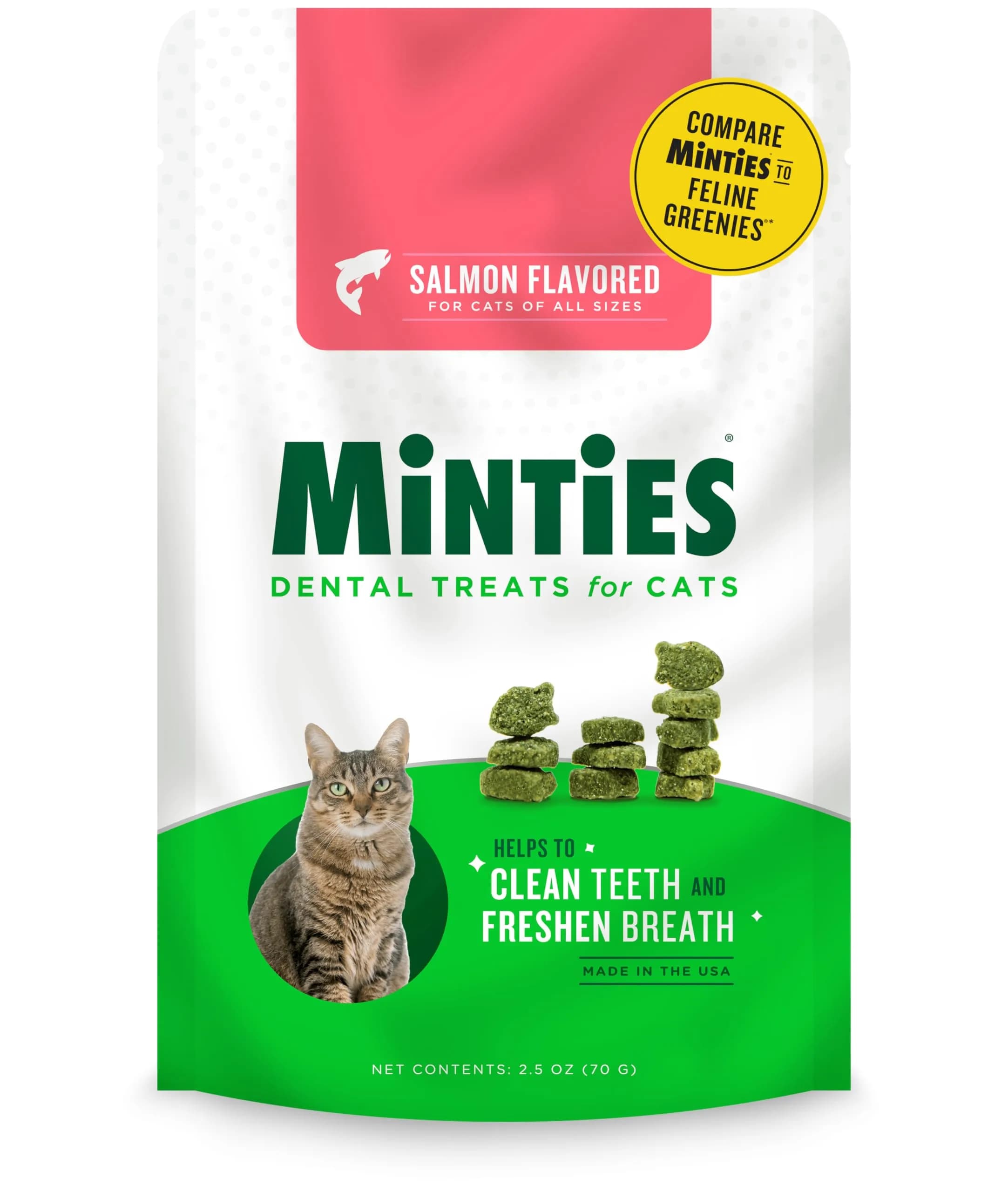 Minties Dental Treats for Cats, Chicken Flavored, 40oz (Pack of 2) | USA-Made Oral Care for Healthy Gums & Fresh Breath — Salmon
