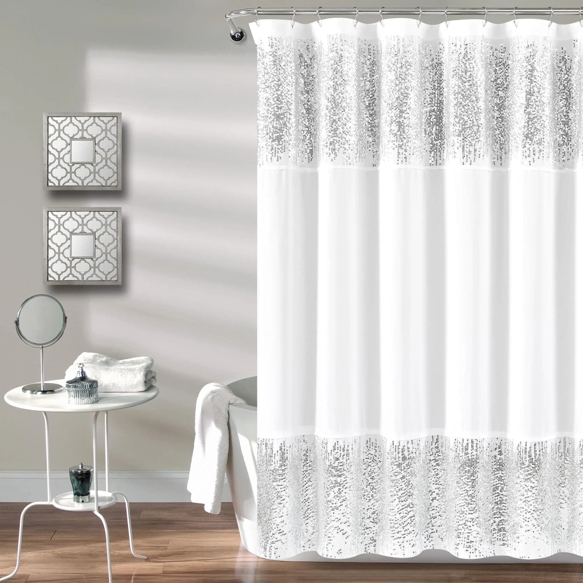 Lush Decor Shimmer Sequins Shower Curtain 70"W x 72"L Silver | Glam Bathroom Decor