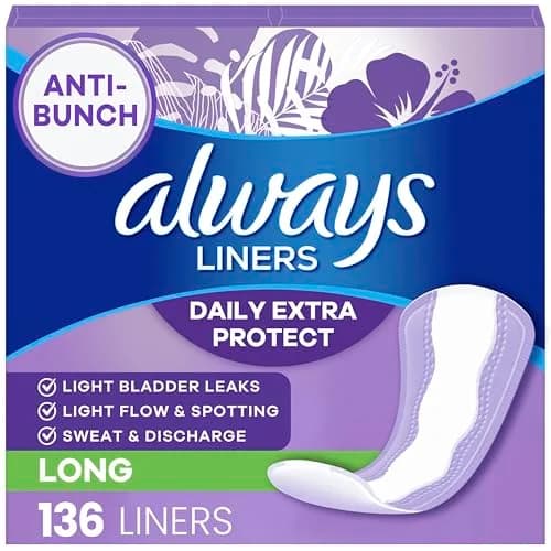 Always Panty Liners for Women Anti-Bunch Xtra Protection Daily Liners, Long, Unscented, 136 Count | Reliable Light Flow & Discharge thumbnail 1
