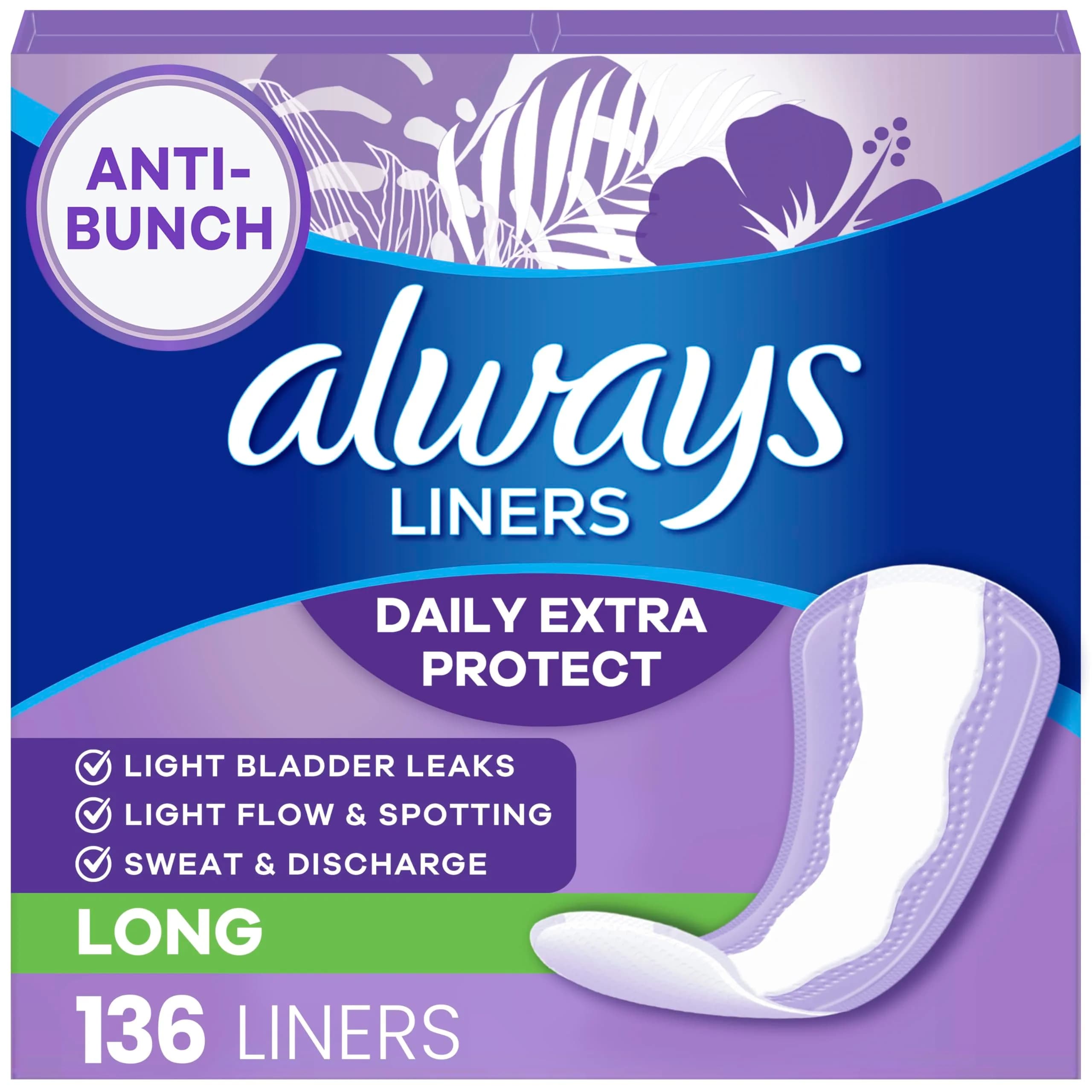 Always Panty Liners for Women Anti-Bunch Xtra Protection Daily Liners, Long, Unscented, 136 Count | Reliable Light Flow & Discharge - main product image