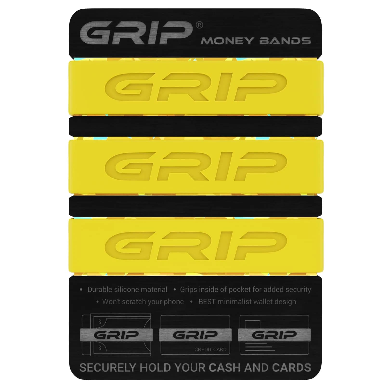 Grip Money Bands (Pack of 3) Light Blue | Secure Cash & Cards, Slim Silicone Design — Yellow