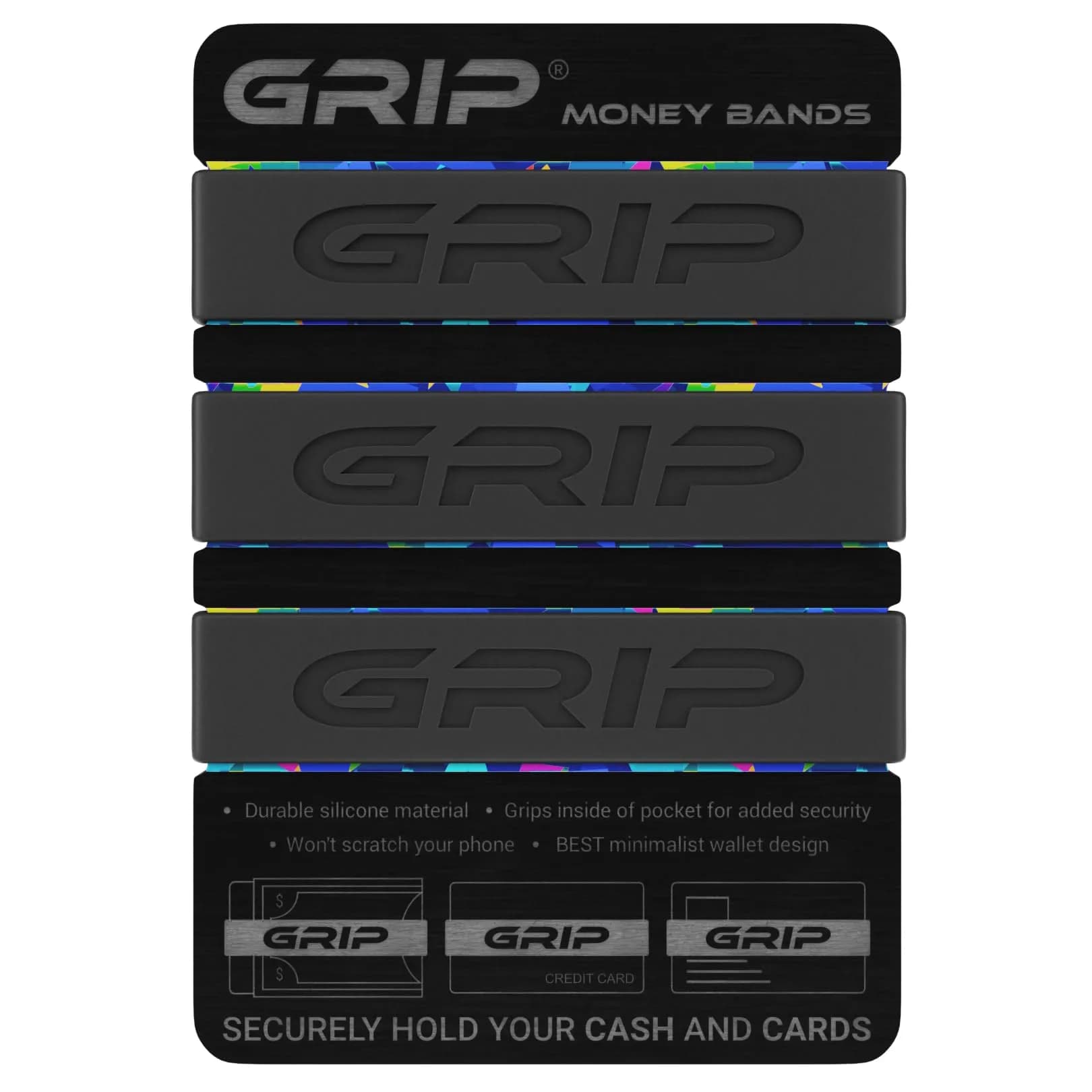 Grip Money Bands (Pack of 3, Black) | Secure Cash & Cards, Slim Silicone Design - main product image