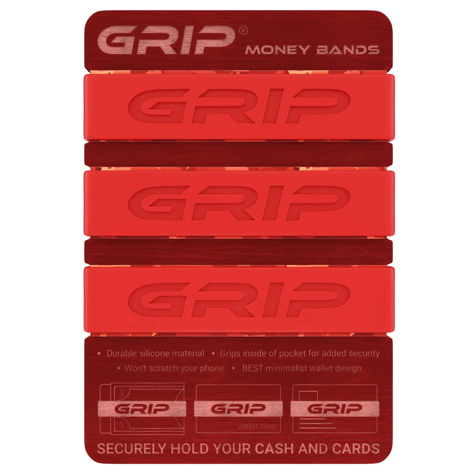 Grip Money Bands (Pack of 3) Light Blue | Secure Cash & Cards, Slim Silicone Design — Red