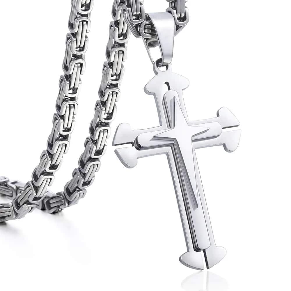 Trendsmax Stainless Steel Cross Pendant Necklace with Byzantine Chain, 55 cm (22 inch) | Religious Faith Symbol for Men — 24 in