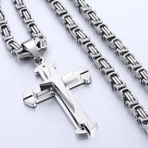 Trendsmax Men's Stainless Steel Cross Pendant Necklace with Byzantine Chain, 61cm (24 inch) thumbnail 2