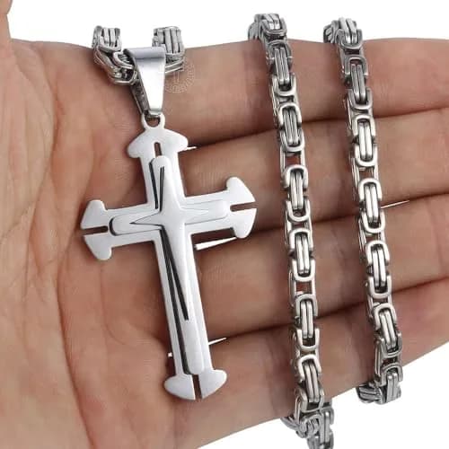 Trendsmax Men's Stainless Steel Cross Pendant Necklace with Byzantine Chain, 61cm (24 inch) thumbnail 3