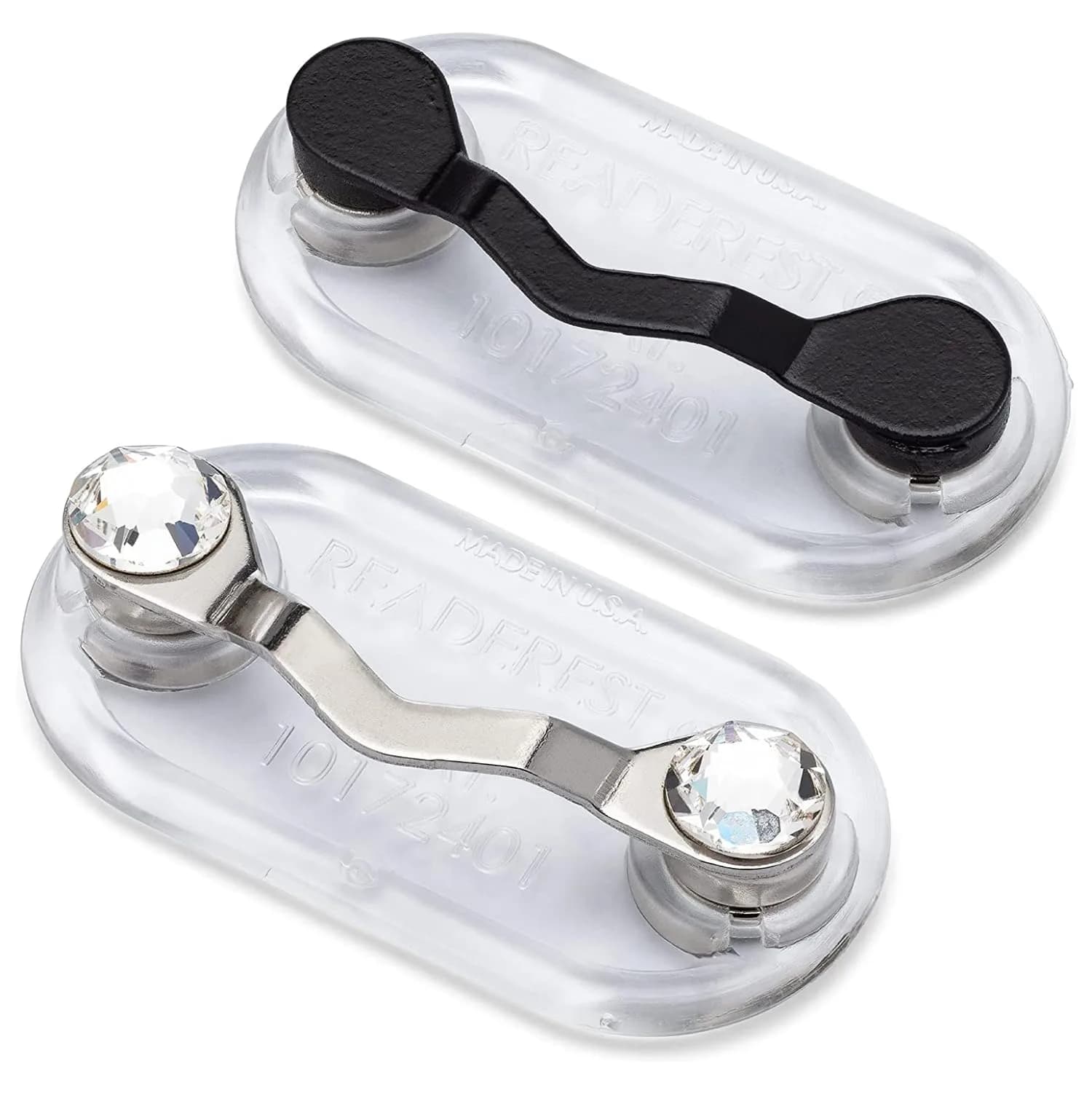 Readerest Magnetic Eyeglass Holder 2 Pack | Stainless Steel Clip for Badges & Sunglasses — Black, Stainless Crystal