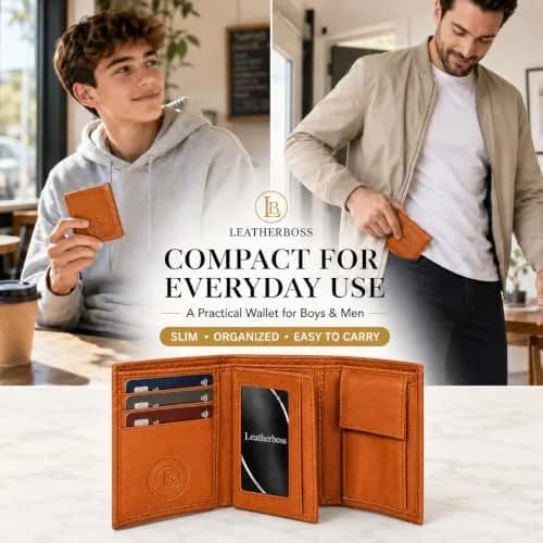 LB LEATHERBOSS Slim Compact Trifold Wallet for Men & Women | Genuine Leather, Tan, 8 Card Slots thumbnail 9