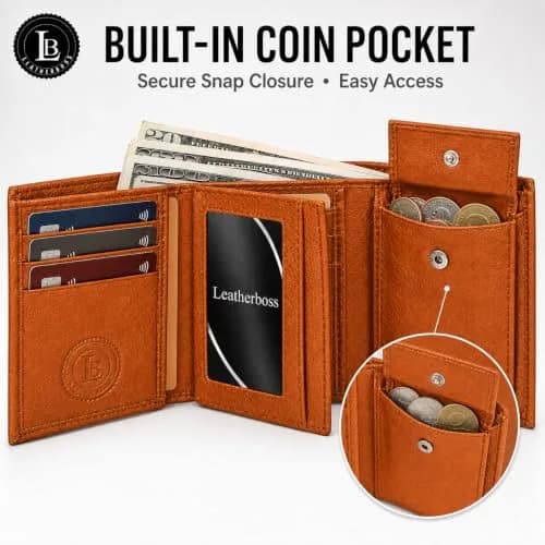 LB LEATHERBOSS Slim Compact Trifold Wallet for Men & Women | Genuine Leather, Tan, 8 Card Slots thumbnail 2