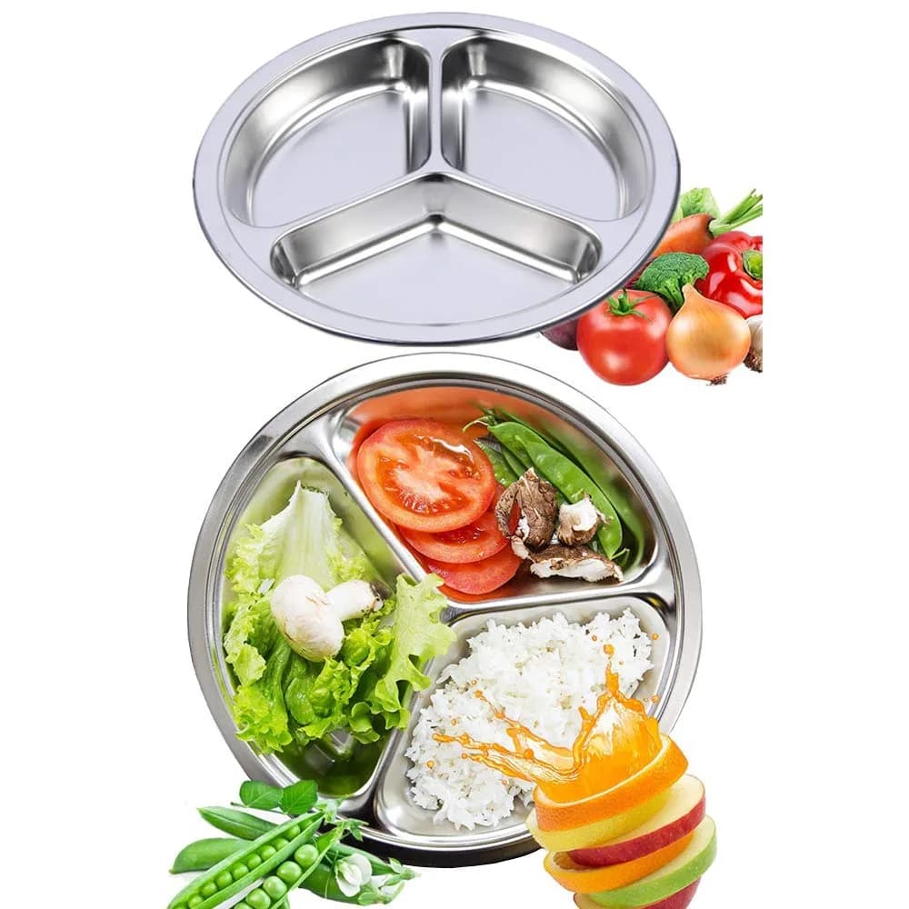 AIYoo 304 Stainless Steel Sectioned Dinner Plates Set of 2, 11 Inch (28cm) with 3 Compartments | Portion Control Metal Plates
