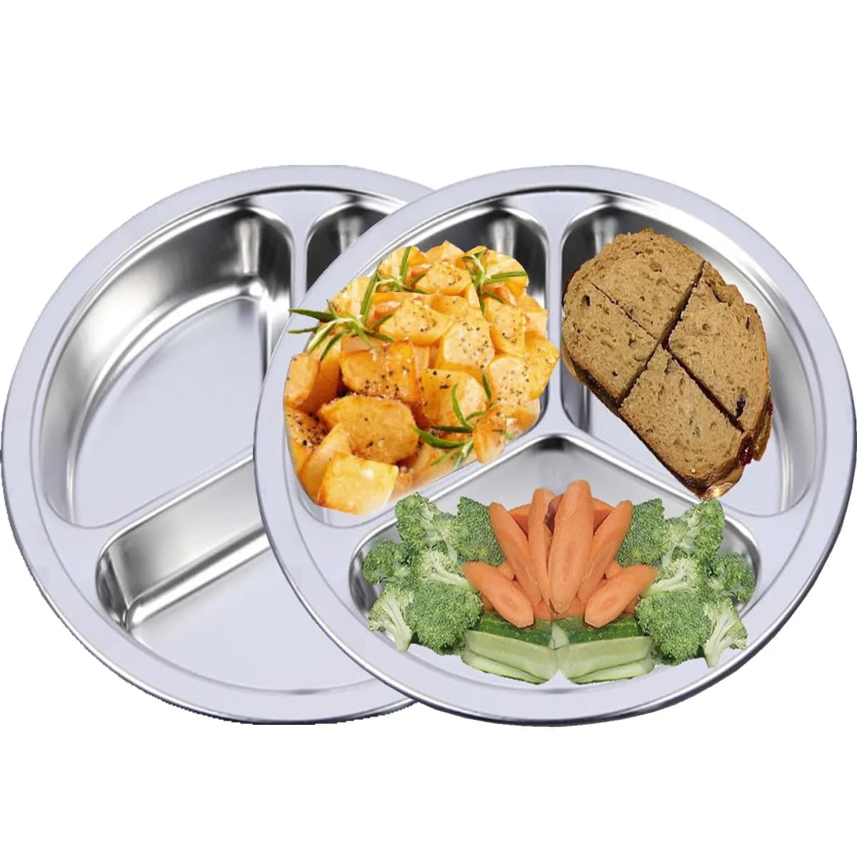 AIYoo 2 Stainless Steel Divided Plates Tray 11.2 inch | Unbreakable Portion Control Plate for Adults — Silver