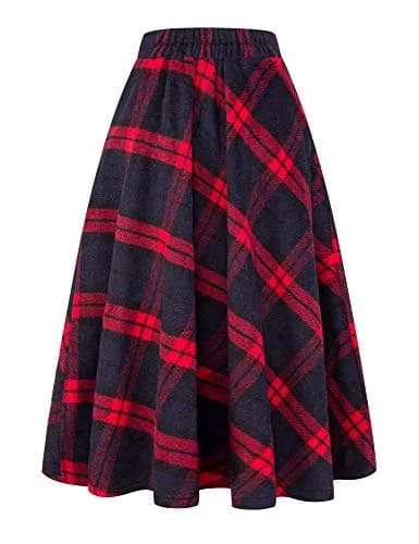 IDEALSANXUN Long Red Wool Maxi Skirt for Women Fall Winter | High Waist Plaid Tartan thumbnail 3