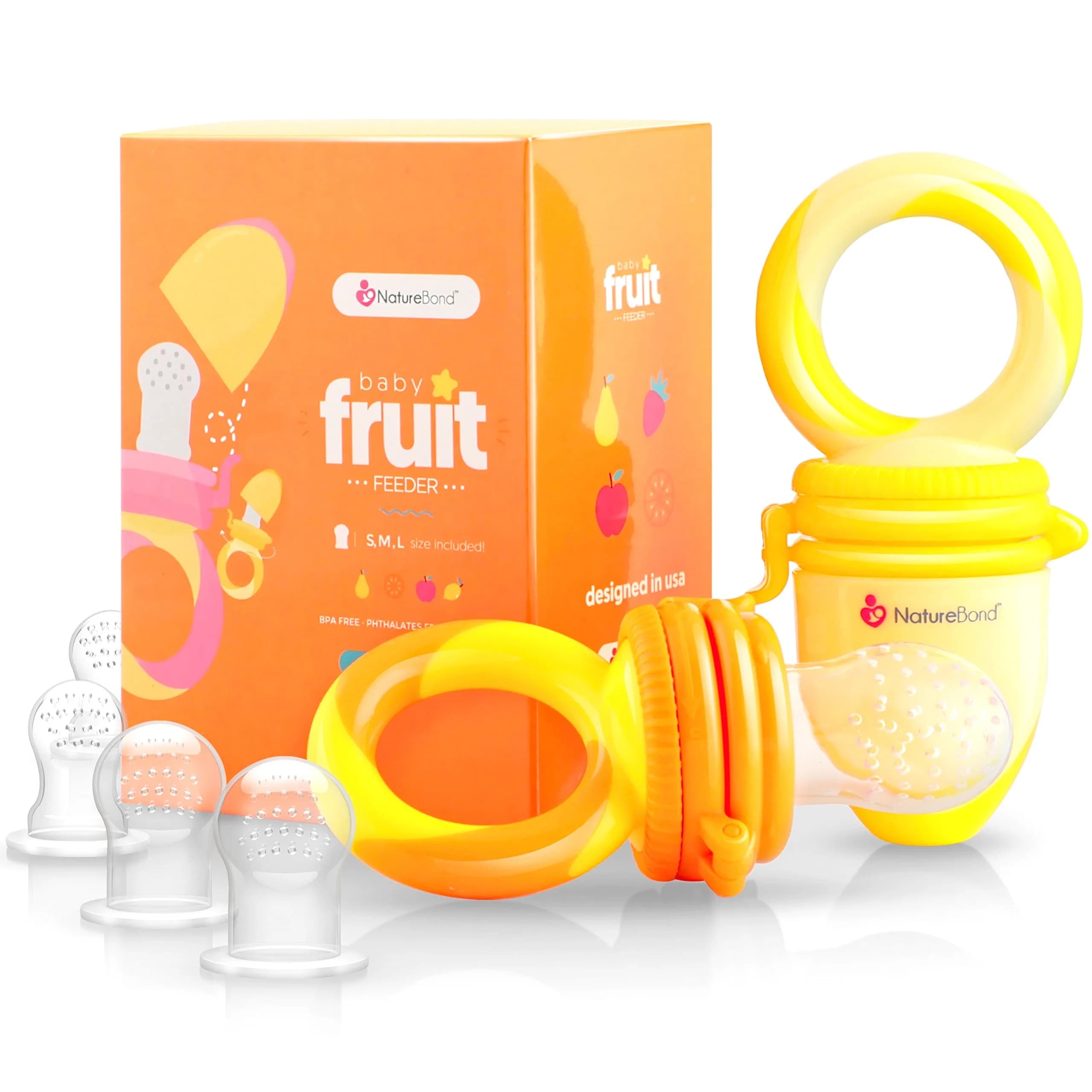 NatureBond Baby Food Feeder/Fruit Feeder Pacifier Nibbler 8 Piece Set | Teething & Weaning in Appetizing Colors — Sunshine Orange and Lemonade Yellow