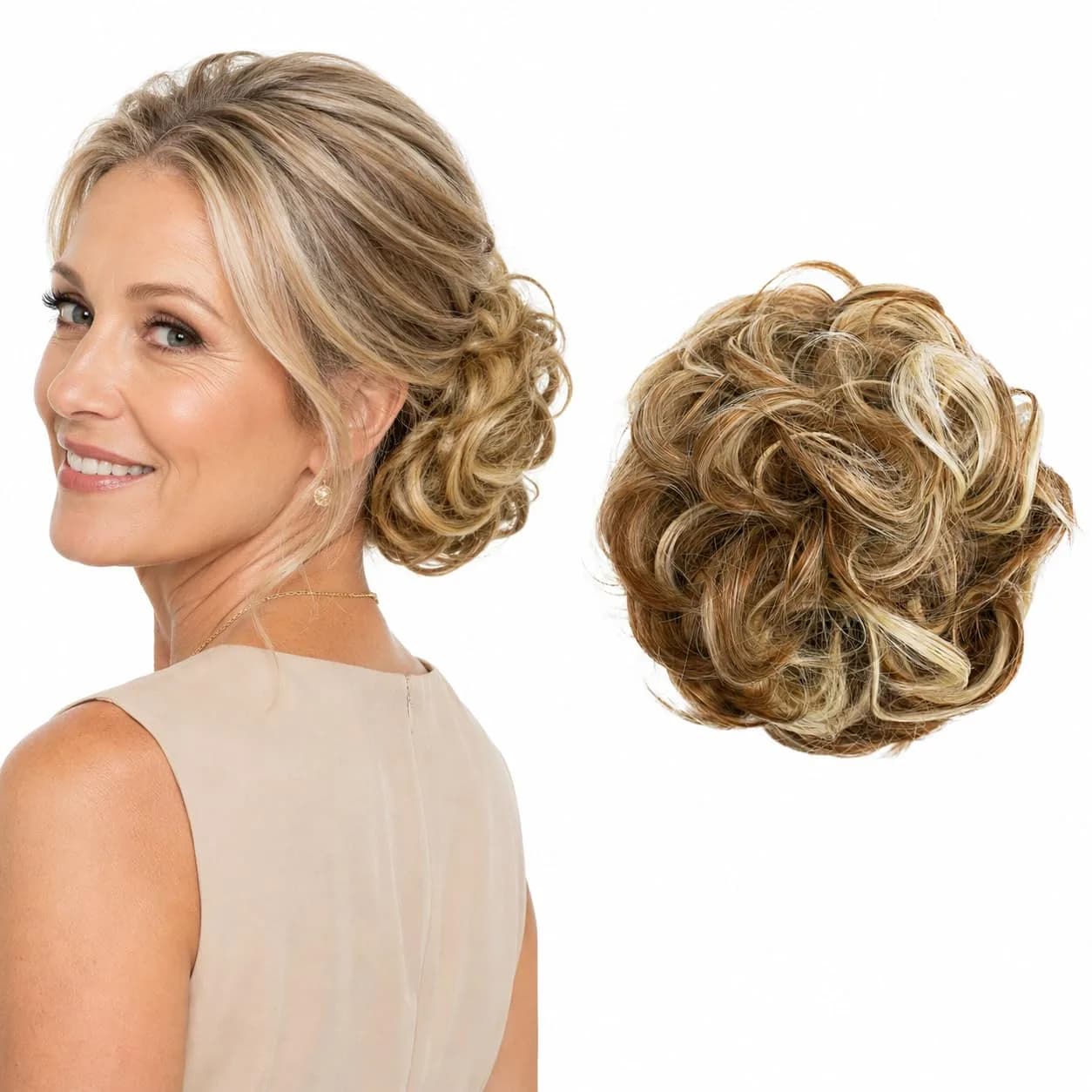 CAISHA Synthetic Scrunchie Donut Hair Piece Updo Brown Blond Mix G32E | Heat-Resistant, Washable, Real-Hair Feel