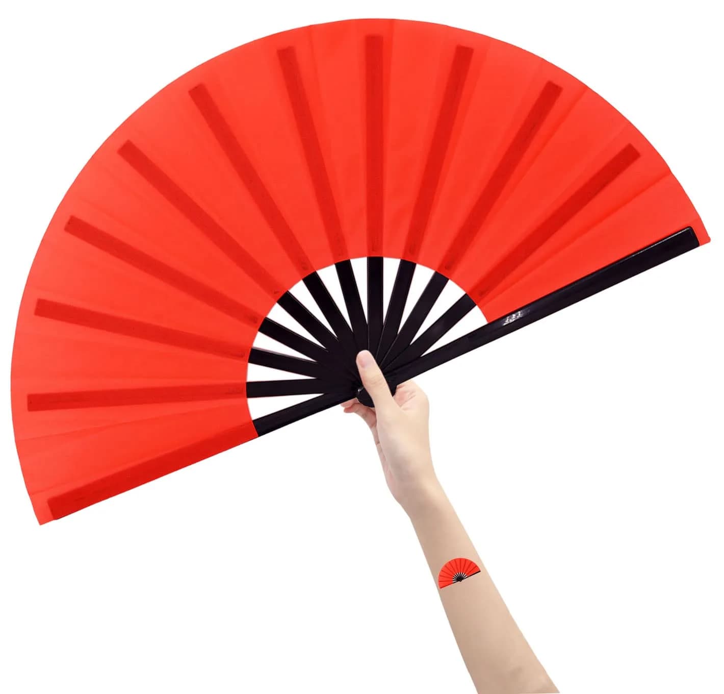 Amajiji Large Folding Hand Fan White 35cm (13.78 inches) | Rave Fan for Dance & Festivals — Red