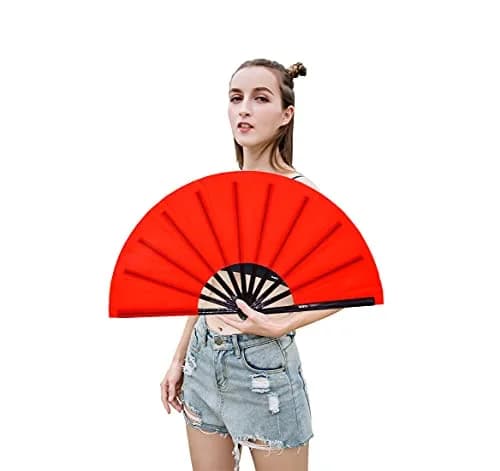 Amajiji Large Folding Hand Fan Rave Fan, Red 35cm (13.78 inches) | Easy Open Nylon Cloth for Dance & Festivals thumbnail 6