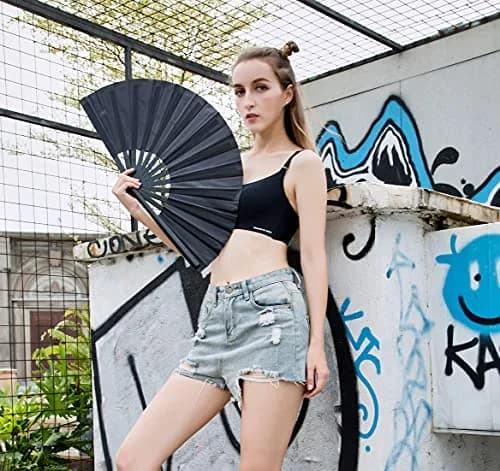 Amajiji Large Folding Fan Black | Elegant Japanese/Chinese Hand Fan for Women (35cm) thumbnail 5