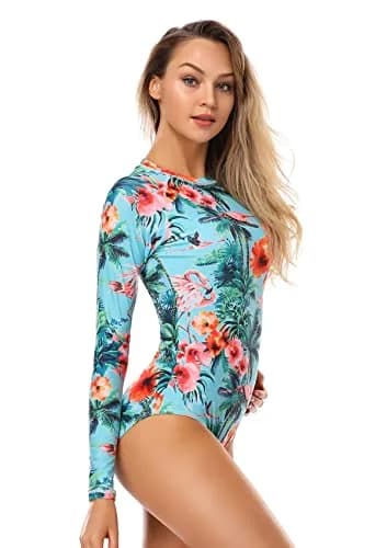 AXESEA Womens Long Sleeve Rash Guard UV UPF 50+ Sun Protection Printed Zipper Surfing One Piece Swimsuit Bathing Suit | UV UPF 50+ Sun Protection thumbnail 4