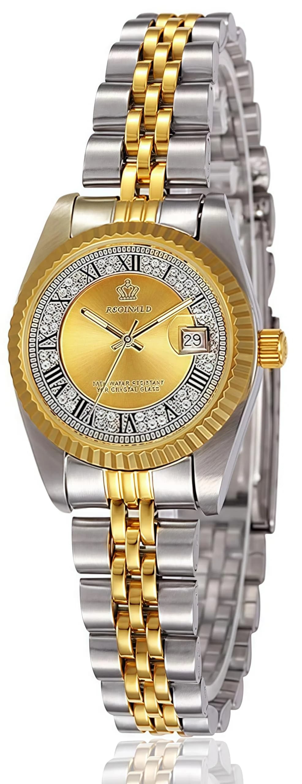 MASTOP Women's Quartz Watch 26mm (1 inch) | Luminous Blue Dial, Silver & Gold Two-Tone Stainless Steel Dress Bracelet Watch — Gold