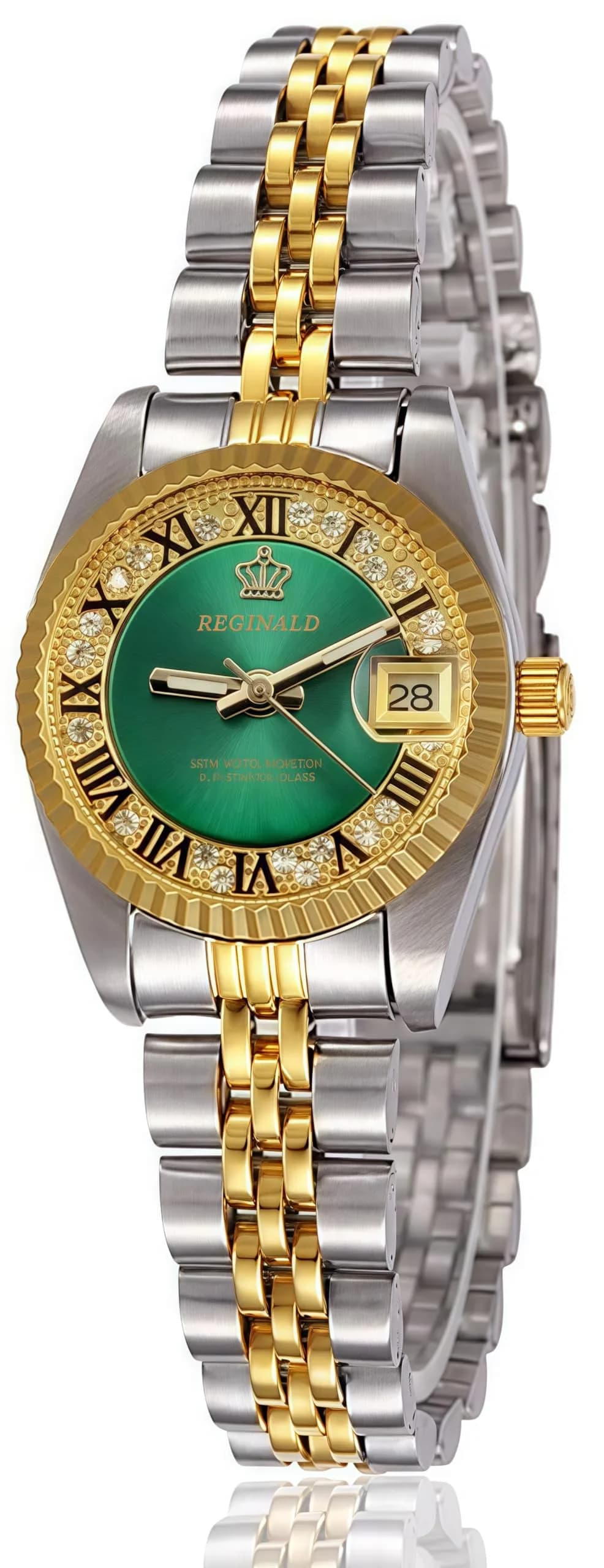 MASTOP Women's Quartz Watch 26mm (1 inch) | Luminous Blue Dial, Silver & Gold Two-Tone Stainless Steel Dress Bracelet Watch — Green