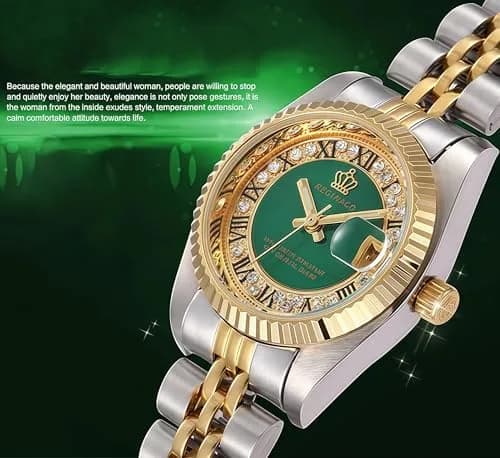 MASTOP Women's Quartz Watch 26mm (1 inch) Silver & Gold Two Tone Stainless Steel Dress Bracelet Watch with Green Dial | Luminous Hands thumbnail 2