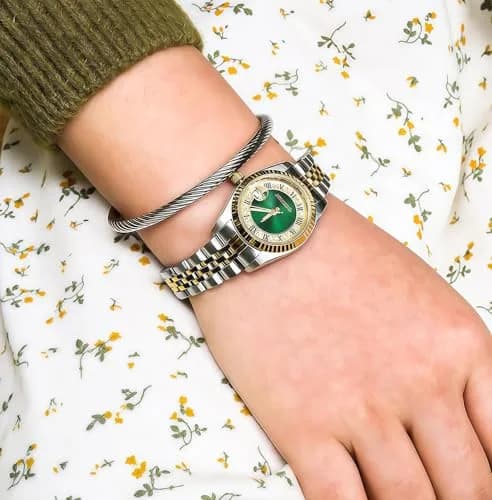 MASTOP Women's Quartz Watch 26mm (1 inch) Silver & Gold Two Tone Stainless Steel Dress Bracelet Watch with Green Dial | Luminous Hands thumbnail 3
