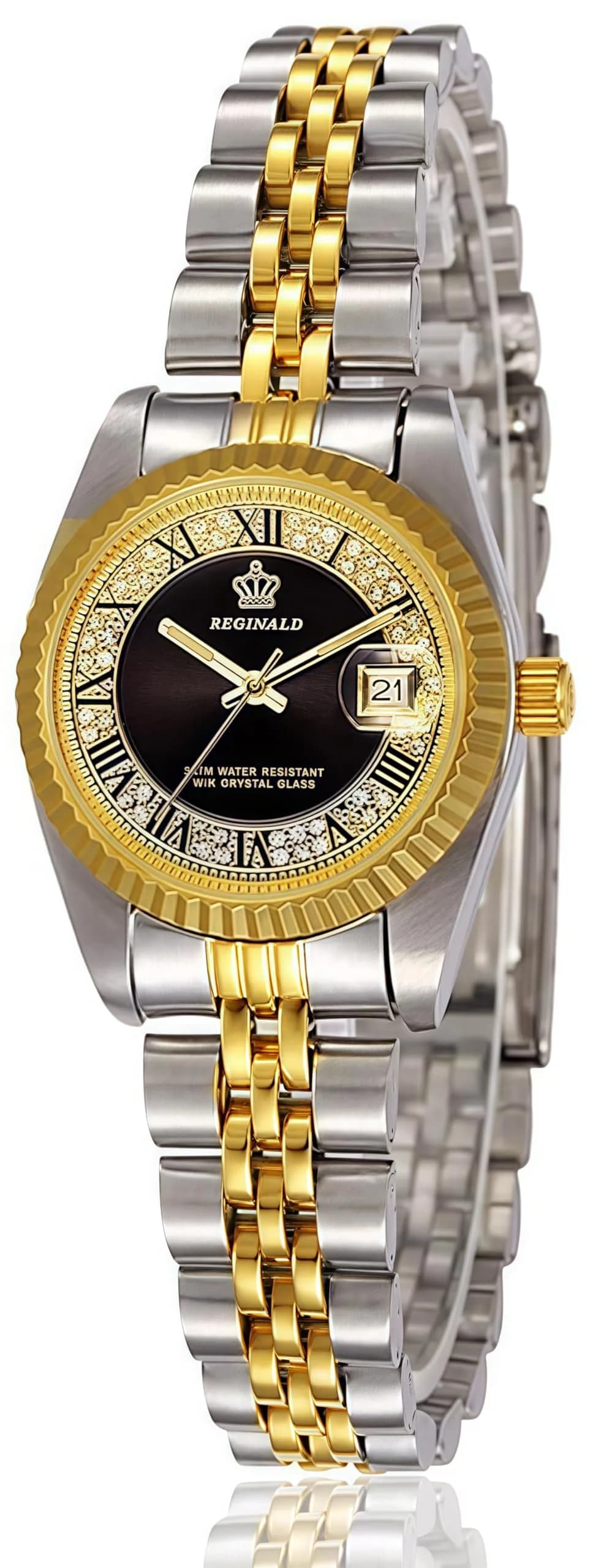 MASTOP Women's Quartz Watch 26mm (1 inch) | Luminous Blue Dial, Silver & Gold Two-Tone Stainless Steel Dress Bracelet Watch — Black